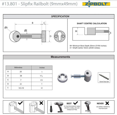 Technical diagram of the Slipfix Railbolt Handrail Post To Post Fastening System For Stairs, showing specifications and measurements.