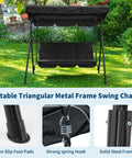 Three Seat Outdoor Porch Swing With Adjustable Canopy, Breathable Cushioned Seat And Back, Comfy Armrests, Heavy Duty Frame, 600 Lb Capacity, Perfect For Patio Hangouts, Backyard Or Garden, Black.