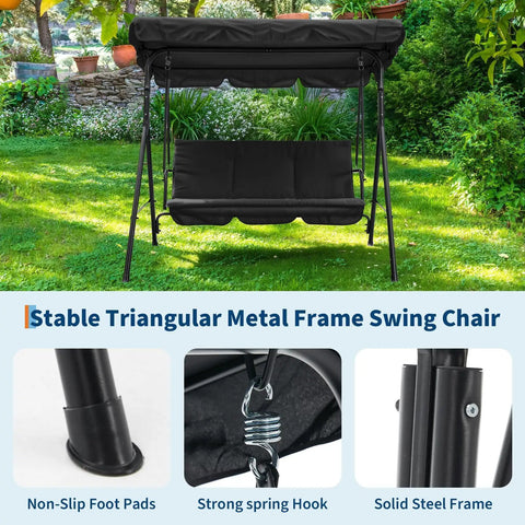 Three Seat Outdoor Porch Swing With Adjustable Canopy, Breathable Cushioned Seat And Back, Comfy Armrests, Heavy Duty Frame, 600 Lb Capacity, Perfect For Patio Hangouts, Backyard Or Garden, Black.