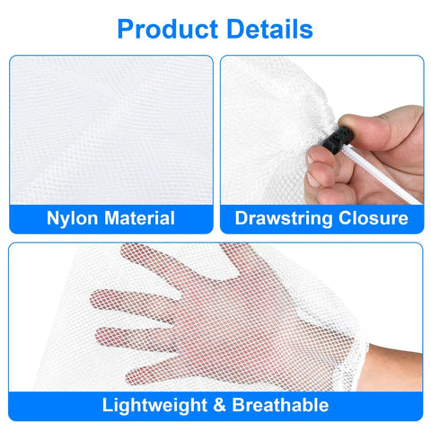 Close-up of hand holding 3 Pack Mesh Ball Bags Set Nylon Drawstring Organizer Bags 10x11.5 Inches with cord lock closure.