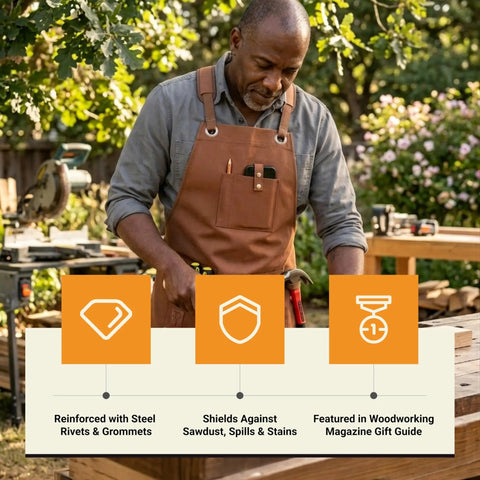 Man wearing waxed canvas work apron for men with pockets, heavy duty carpenter and grilling apron, outdoor woodworking scene