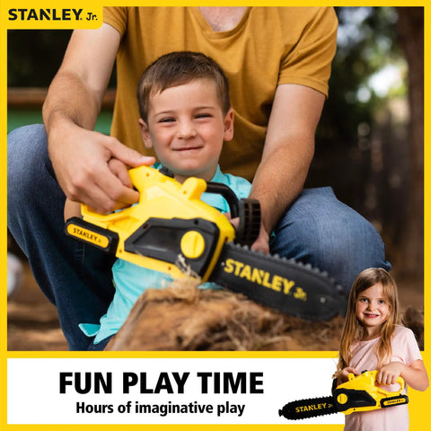 Child playing with a Kids Battery Powered Deluxe Chainsaw Toy For Role Play Realistic Actions And Sounds With Safe Durable Build.