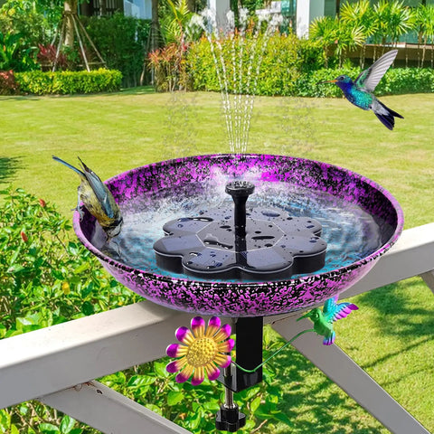 Premium Heavy Duty Deck Mounted Bird Bath With Secure Detachable Clamp For Railings Balconies No Sweat Installation Rock Solid Iron Basin surrounded by birds and garden.