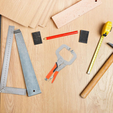 Heavy Duty High Carbon Steel C Clamp Locking Pliers placed among woodworking tools on a wooden table.