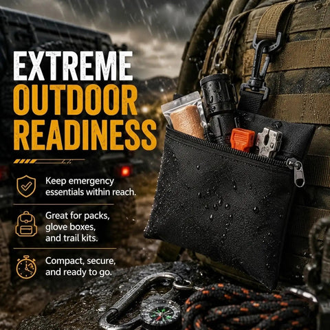 Three Pack Small Zipper Tool Pouches Built Tough With Waterproof 600D Oxford Fabric attached to a backpack in rain.