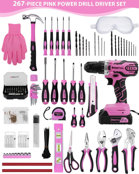 Pink 267 Piece Tool Kit Set With 21V Cordless Drill Driver For Women Includes Pink Storage Bag And Home DIY Essentials