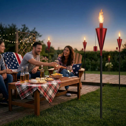 55 Inch Outdoor Oil Torch Lamps 2 Pack In Rose Gold, Rustproof Stainless Steel Citronella Torches at a cozy evening gathering