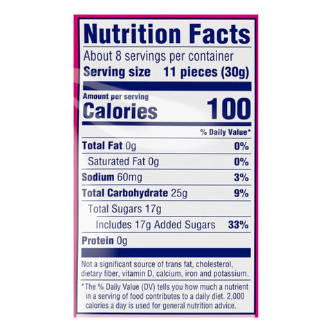 Mixed Fruit Rope Bites Candy In A Reusable 8 Ounce Bag With Chewy Tart Filling, nutrition facts label showing calories and content