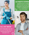 Two people wearing Disposable No Fuss Hair Nets For Food Service Black Nylon 28 Inch Pack Of 100 in kitchen settings.