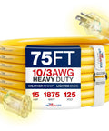 75 Foot Outdoor And Indoor Extension Cord Heavy Duty Ten Three Gauge SJTW Waterproof Flexible Cold Resistant Long Power Cable 15A 125V 1875W
