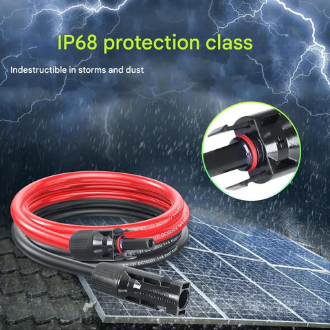 33 Ft Solar Panel Extension Cable With 6mm2 PV Wire, Easy Hookup Male And Female Connectors, IP68 Waterproof, coiled on roof