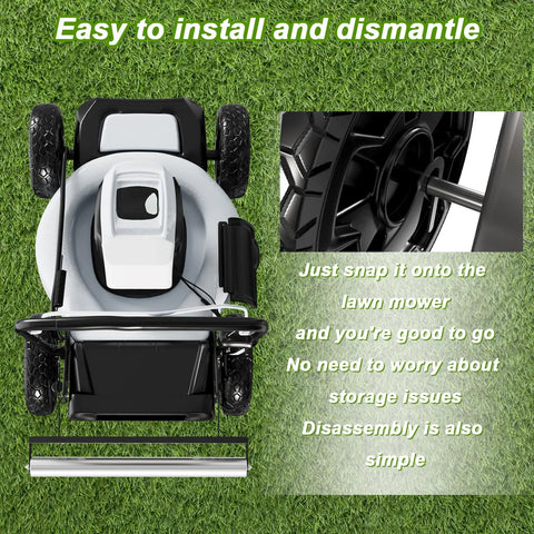 Push Mower Striping Kit for 21 Inch Mowers with Stainless Steel Roller installed on a lawn mower, shown on grass