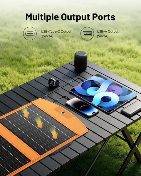 30W Portable Foldable Solar Panel Charger With USB A And USB C Fast Charging for iPhone and devices on outdoor table