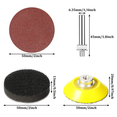 2 Inch Sanding Discs Set With 425 Pieces And One Quarter Inch Round Shank Backing Pad Includes Soft Foam Buffers And Assorted Grit 40 To 3000 17 Grits With 25 Sheets Each For Auto Body Wood And Metal Sanding Needs components displayed with measurements