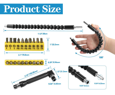 90 Degree Right Angle Driver Extension Kit With 11.6 Inch Bendable Soft Shaft Includes 1 Flexible Bit 1 Right Angle Bit And 10 Screwdriver Bits For Tight Spaces Power Drill Extension Set Pack Of 12 with product sizes displayed.
