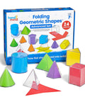 Foldable 3D Geometry Shapes Set for Classrooms, Hands On Geometry Manipulatives with colorful solids and nets on a box.