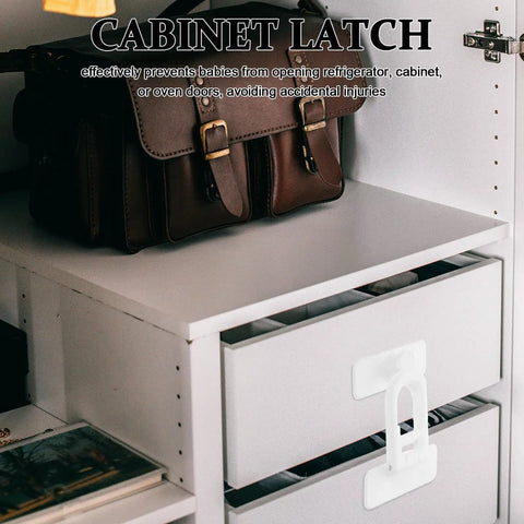 White plastic latch on cabinet drawer, part of 4 Pack Childproof Refrigerator And Oven Door Locks With Easy Install Plastic Cabinet Latches For Home Daycare And Kindergarten Keeps Curious Kids Safe In Kitchen Cabinets Drawers And Ovens