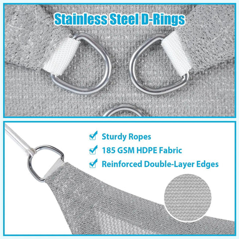 Close-up of light grey 12x12 foot sun shade sail with stainless steel D-rings and HDPE fabric, showcasing material and durability.
