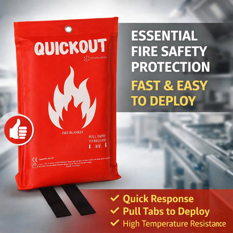 Fire Blanket Survival Cover For Kitchen And Home Safety Heat Protection Against Small Cooking Fires And Emergencies Emergency Fire Suppression Tool For Quick Easy Use displayed in packaging on kitchen background.