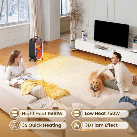 Portable Electric Fireplace Heater For Indoor Use With 1500W High And 750W Low Settings Realistic 3D Flame Thermostat Carry Handle Overheat And Tip Over Protection All Season Cozy Space Heater For Home Office Bedroom Desk Black heating living room scene