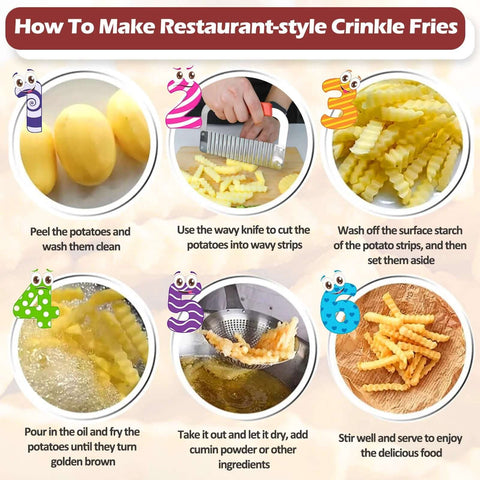 JAYVAR extra-large stainless steel crinkle cutter potato slicer for restaurant fries; kitchen cutter infographic