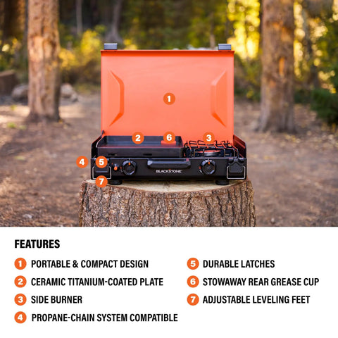 2364 12 By 14 Camping Griddle With Side Burner Nonstick Ceramic Titanium Coated Surface on tree stump in forest setting.