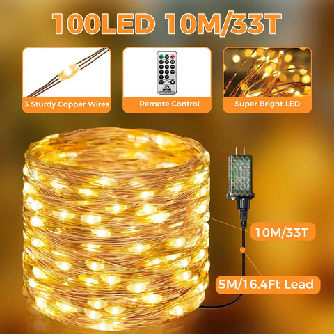 Dope Warm White Outdoor Fairy Lights With Remote, 33 Feet Of 100 LED Twinkle String Lights, waterproof with 16ft lead