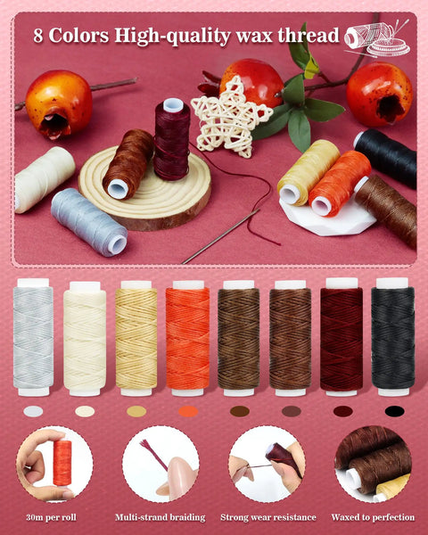 Eight Color Waxed Thread Leather Sewing Kit With 30m Spools For Pro Grade Upholstery Repairs displayed on table