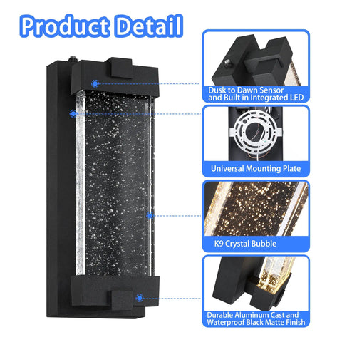 Black Wall Sconce With K9 Crystal Bubble And Dusk To Dawn Sensor Exterior LED Wall Mount Lantern for indoor and outdoor use