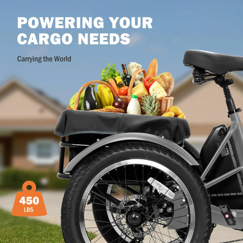 Fat Tire Folding Three Wheel Electric Trike Ebike With 1200W Peak Brushless Motor And Removable 748Wh Battery For Adults Up To 70 Miles Step Through Design, rear cargo trike with groceries