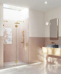 Frameless Shower Door Hinge With Enduroshield Glass Coating For 78 Inch Glass Enclosures In Polished Brass Finish Durable Hinges For Modern Shower Installations High Compatibility And Easy Maintenance. Polished brass frameless shower door hinge on glass enclosure