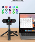 4K Ultra HD Webcam With Dual Mics Wide Angle Lens Privacy Cover And Tripod Stand For PC And Laptop Autofocus Plug And Play shown with laptop