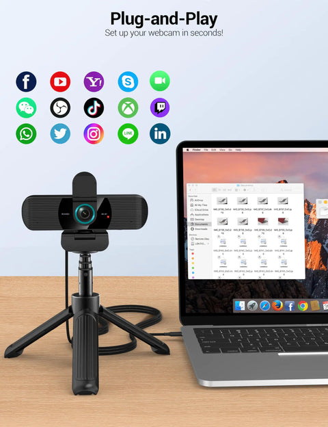 4K Ultra HD Webcam With Dual Mics Wide Angle Lens Privacy Cover And Tripod Stand For PC And Laptop Autofocus Plug And Play shown with laptop