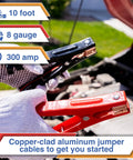 10-foot copper-clad aluminum jumper cables from Ultimate Car Emergency Kit With Air Compressor And Heavy Duty Jumper Cables First Aid Tow Strap Tire Gauge And Headlamp Roadside Safety Kit For Women Men And Teens Ready For Any Breakdown