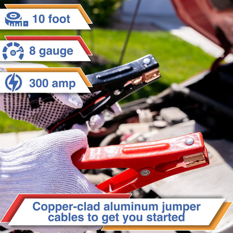 10-foot copper-clad aluminum jumper cables from Ultimate Car Emergency Kit With Air Compressor And Heavy Duty Jumper Cables First Aid Tow Strap Tire Gauge And Headlamp Roadside Safety Kit For Women Men And Teens Ready For Any Breakdown