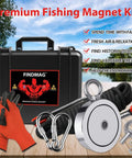 Front view of FindMag 2625-lb double-sided fishing magnet kit with rope; includes gloves, carabiners, ring, washers, and case