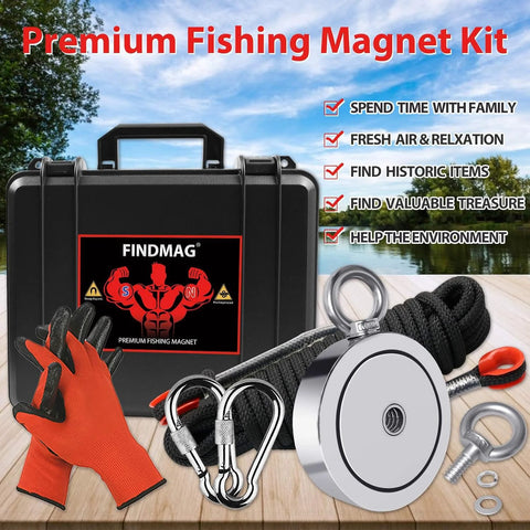 Front view of FindMag 2625-lb double-sided fishing magnet kit with rope; includes gloves, carabiners, ring, washers, and case