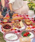 Kickin Vibes Red Gingham Oval Paper Plates 40 Count 10 X 12 Inch Heavy Duty Disposable set on picnic with food and drinks.