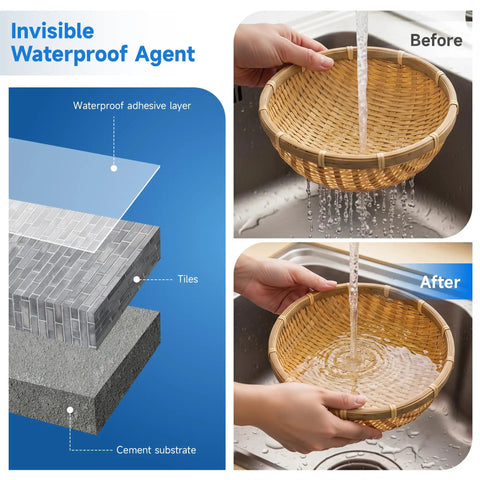 Straight Up Heavy Duty Transparent Waterproof Sealant To Nail Every Indoor And Outdoor Leak One Gallon Size shown before and after use on tiles.