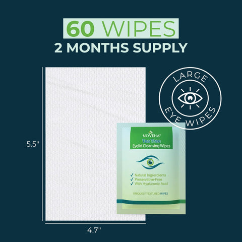 Tea Tree Eyelid Cleansing Wipes sachet with a large textured white wipe, 60-count by NOVEHA