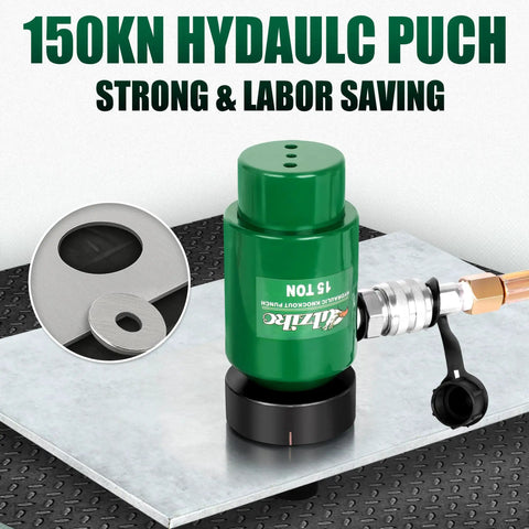 Image of a 15-ton hydraulic knockout punch kit on a metal sheet, featuring the cylinder and die set for electricians and industrial panels.