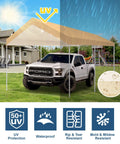 10x20 Beige Carport Replacement Top Cover For Outdoor Shelter Waterproof And UV Protected Tarp With Ball Bungees Fits 10x20 Carport Frame Not Included Heavy Duty Roof Cover over truck in yard.