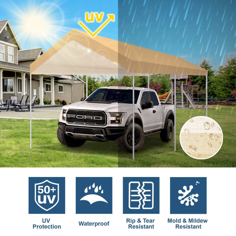 10x20 Beige Carport Replacement Top Cover For Outdoor Shelter Waterproof And UV Protected Tarp With Ball Bungees Fits 10x20 Carport Frame Not Included Heavy Duty Roof Cover over truck in yard.