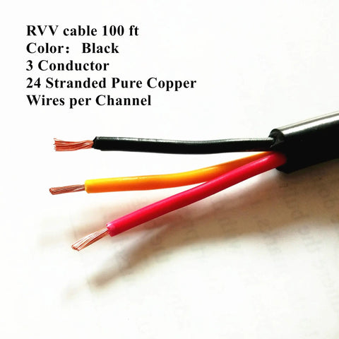 Close-up of Workhorse 3 Conductor 18 AWG Copper Wire Extension Cord 100 Ft Black PVC Coated Flexible Power Cable, wire ends exposed.