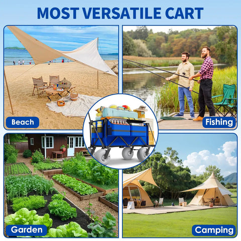 Heavy Duty Beach Wagon With Big Wheels For Sand 450 Lb Load Foldable Cart with 9 Inch Tires for Beach, Fishing, Garden, Camping