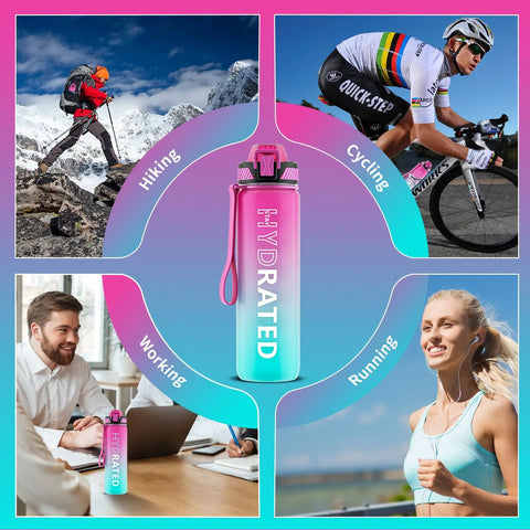 32oz Motivational Water Bottle With Time Marker And Straw, BPA Free Tritan Sports Bottle With Carry Strap for various activities
