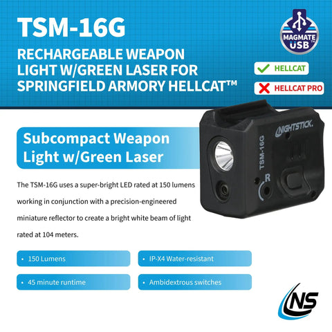 150 Lumen Rechargeable Tactical Light With Green Laser Sight For Springfield Hellcat Pistols shown with features