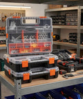 3 Piece Toolbox Organizer Set with Clear Lid, 21 Compartments and Removable Dividers for hardware in a workshop
