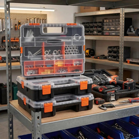 3 Piece Toolbox Organizer Set with Clear Lid, 21 Compartments and Removable Dividers for hardware in a workshop