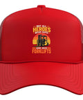 Red Forklift Operator Warehouse Trucker Hat With Adjustable Mesh Back, logo reads 'Not All Heroes Wear Capes, Some Drive Forklifts'.